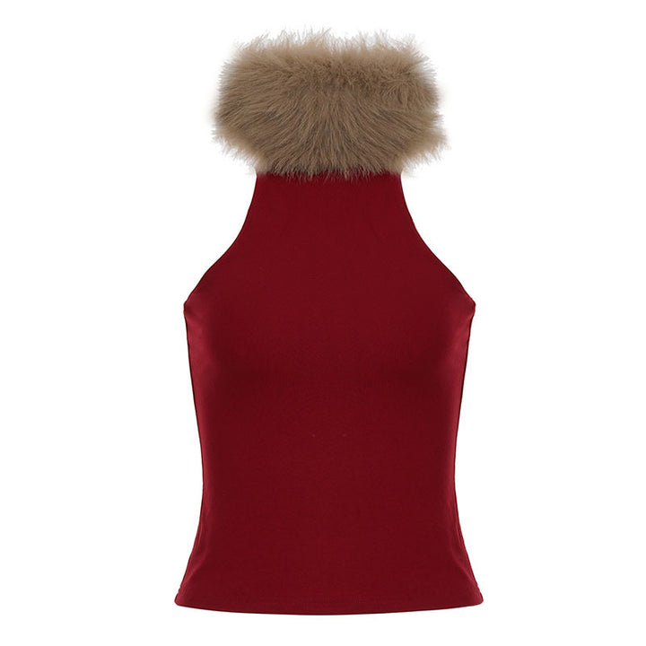 Damen elegantes langes Abendkleid mit raffiniertem Halter-Design und luxuriösem Kunstfellkragen Drune