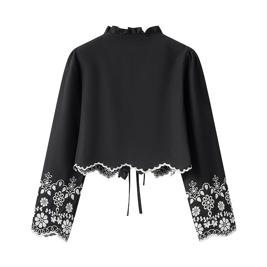 Damen Besticktes Kurzbolero mit Rüschen-V-Ausschnitt und Schnürverschluss Drune