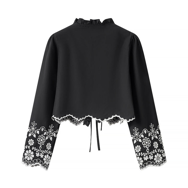Damen Besticktes Kurzbolero mit Rüschen-V-Ausschnitt und Schnürverschluss Drune