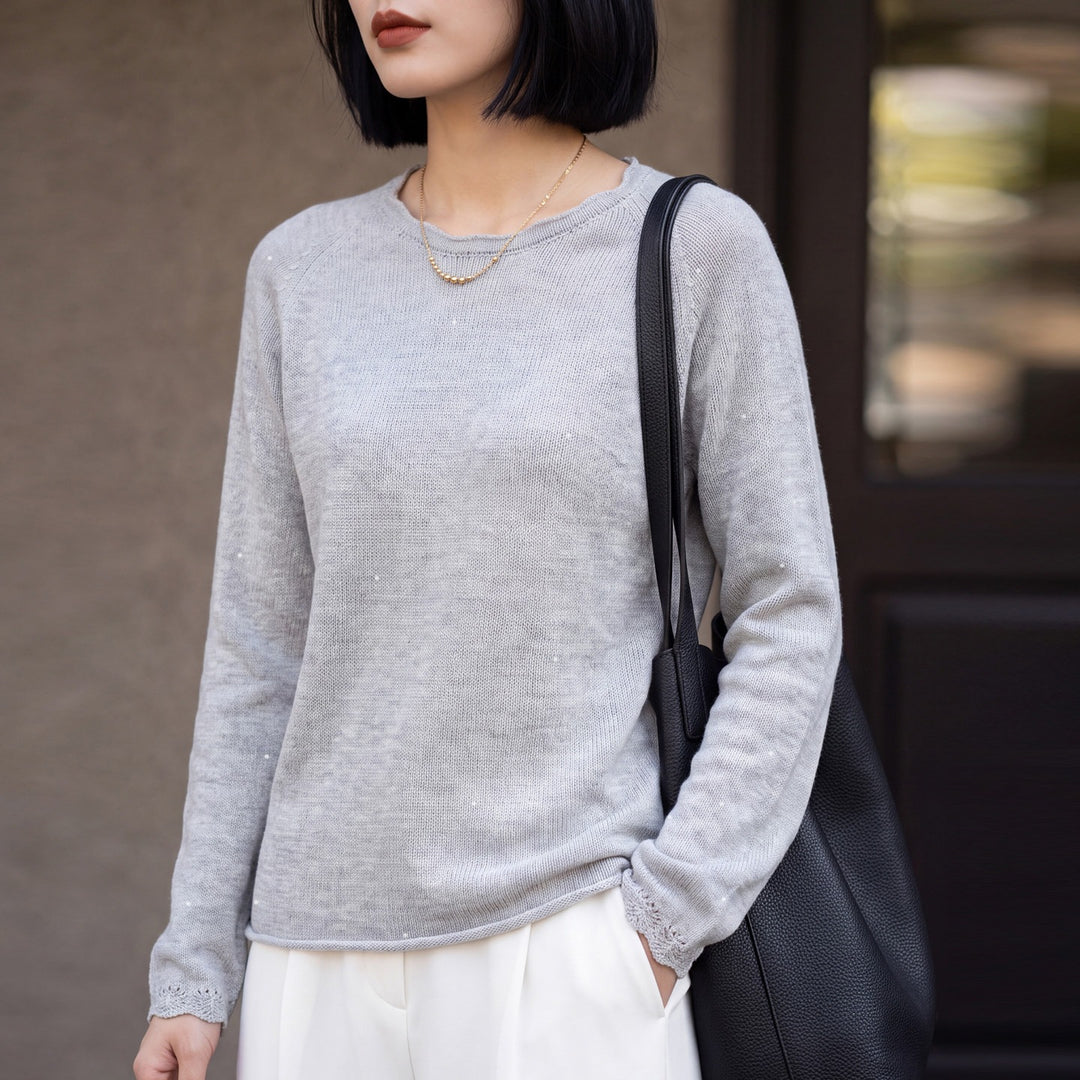 Damen leichter Feinstrickpullover mit dezenter Glitzeroptik und Raglanärmeln Drune