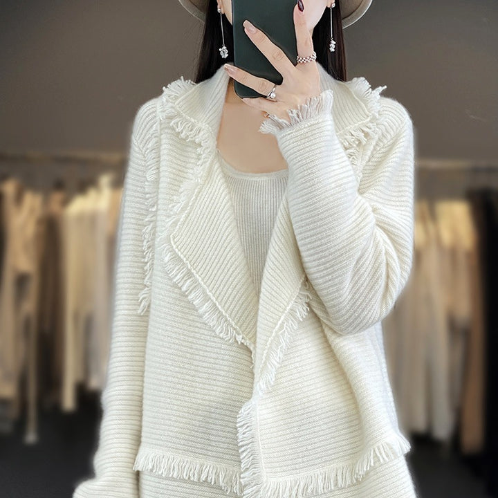 Damen Langer Fransen‑Strickcardigan mit großem Schalkragen und feiner Rippenstruktur Drune