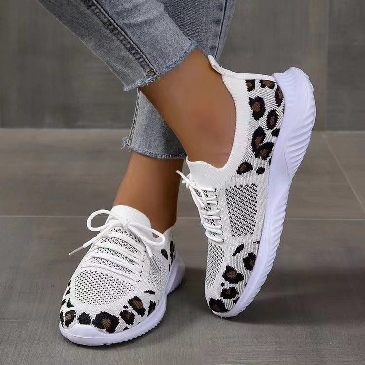 Damen Atmungsaktive Strick-Slipper mit gepolsterter Dämpfungssohle und Leoparden-Schaft Drune