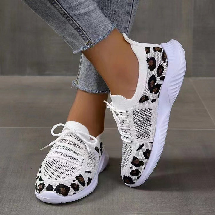 Damen Atmungsaktive Strick-Slipper mit gepolsterter Dämpfungssohle und Leoparden-Schaft Drune