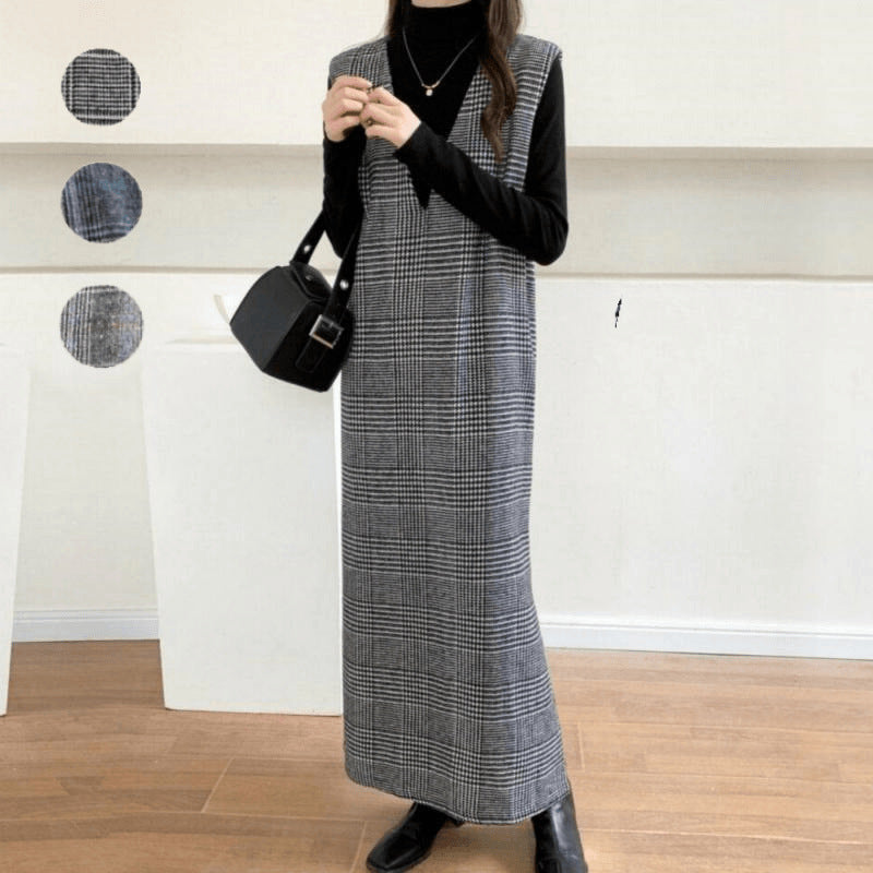 Damen Maxikleid im modernen Karomuster und elegantem V-Ausschnitt Drune