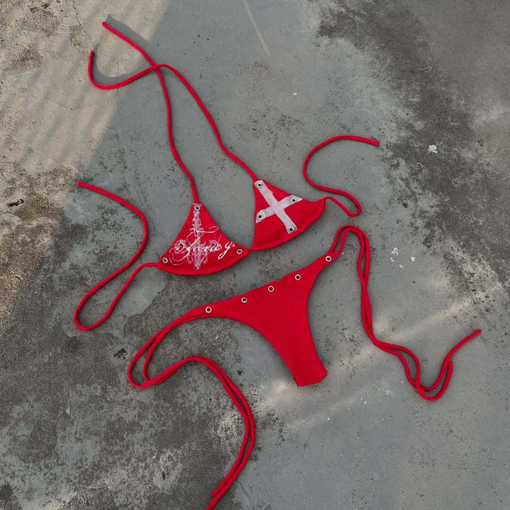 Damen Bunt bedruckter Bikini mit verstellbaren Schnürungen und dekorativen Ösen Drune