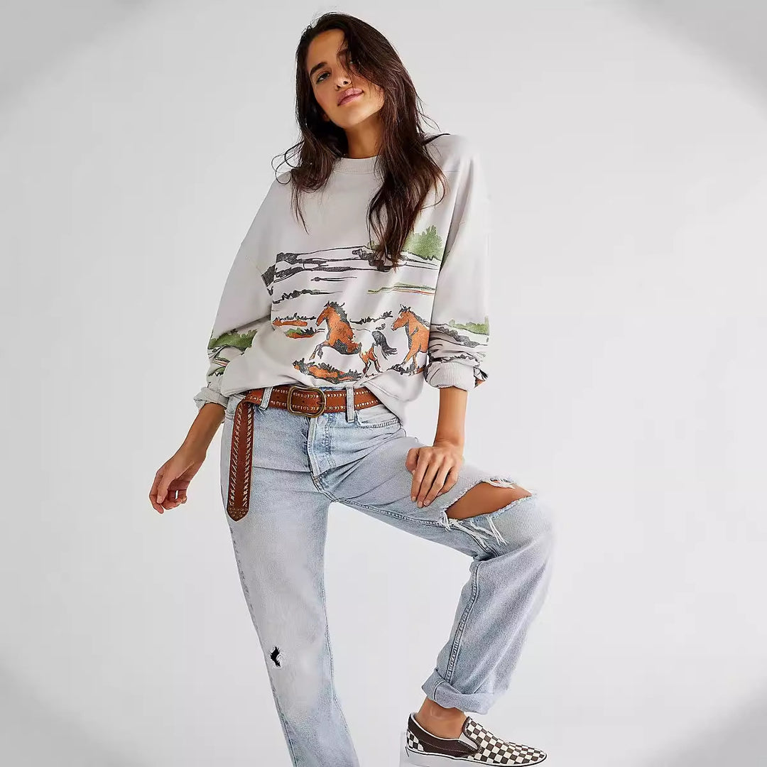Damen Sweatshirt mit kreativer Pferdemotiv-Grafik und lässigem Schnitt Drune