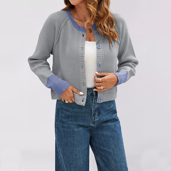 Damen modische Strickjacke mit kontrastierenden Bündchen und Knopfdetails Drune