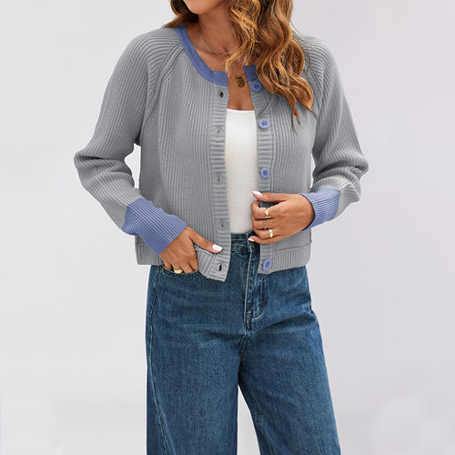 Damen modische Strickjacke mit kontrastierenden Bündchen und Knopfdetails Drune