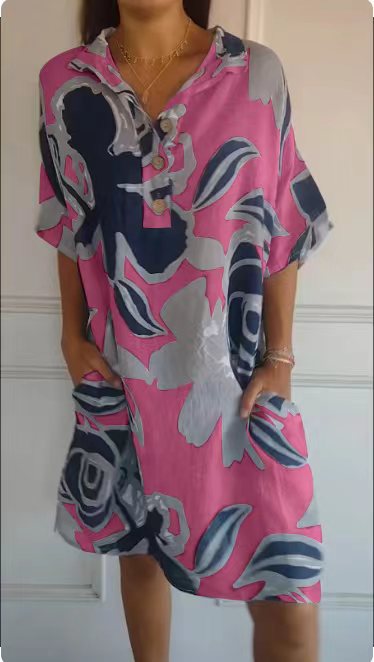 Damen luftiges Strandkleid mit modischem Muster und seitlichen Taschen Drune