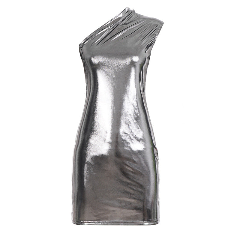 Damen figurbetontes Metallic-Kleid mit asymmetrischem Schnitt Drune