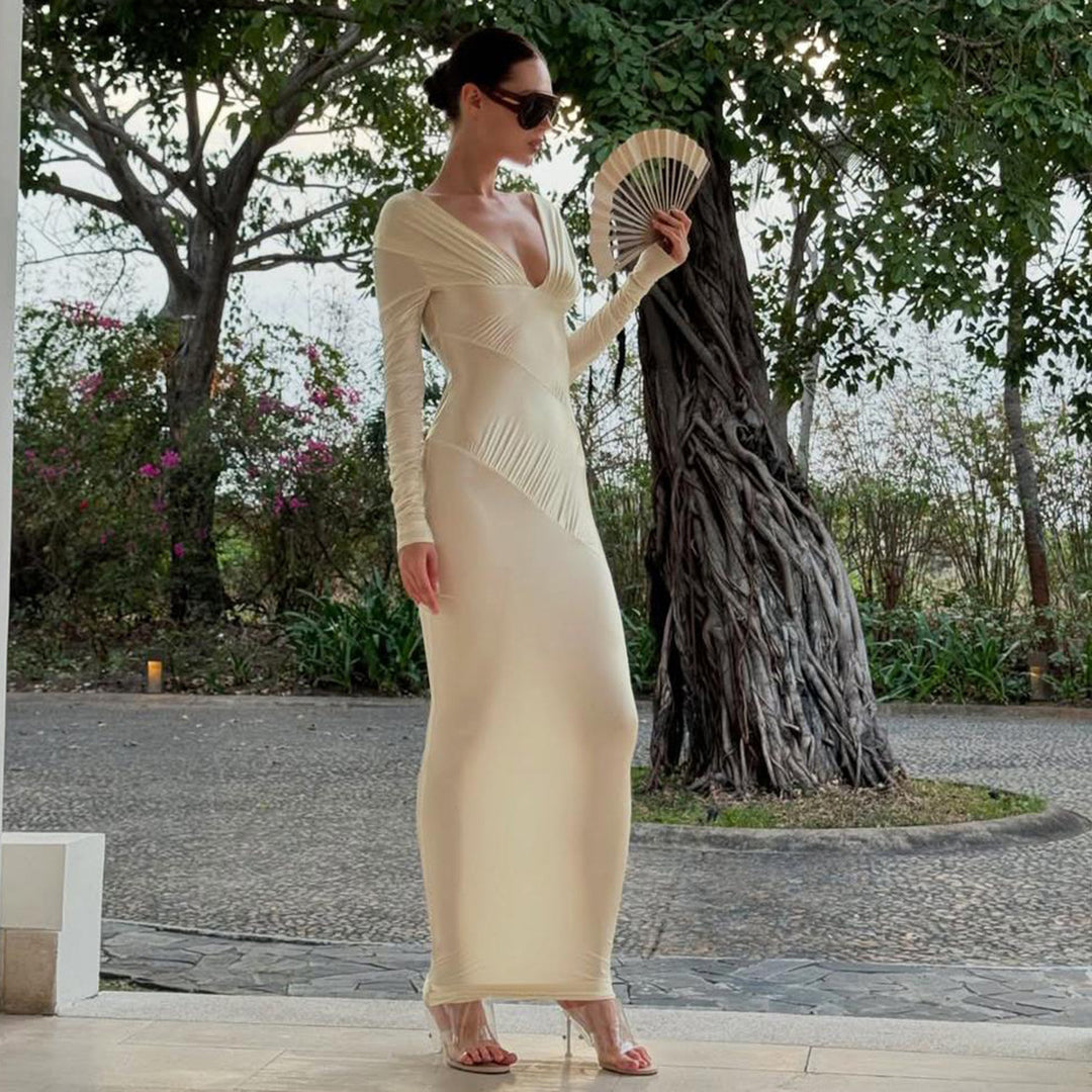 Damen Elegantes Langarm-Maxi-Kleid mit raffinierten Drapierungen Drune