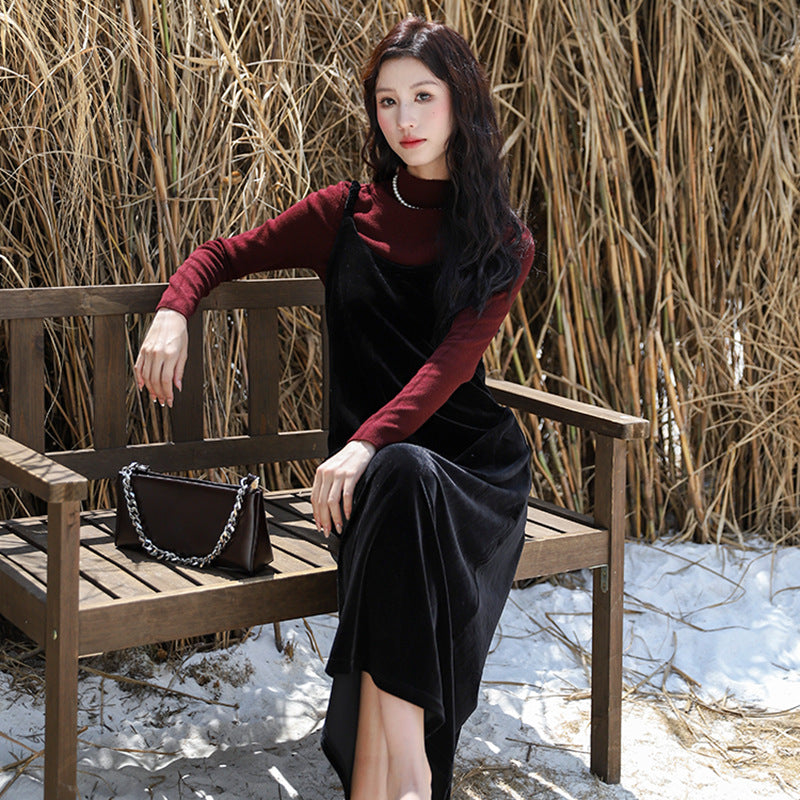 Damen nan elegantes Samt-Camisole-Maxikleid mit schmalen Trägern, geradem Fall und fließender Silhouette Drune