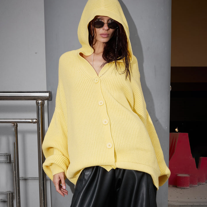 Damen Oversized Strickjacke mit Kapuze und Knopfdetails Drune