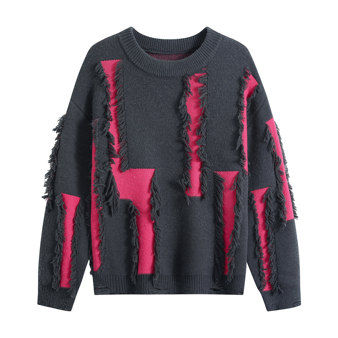 Damen Oversize Strickpullover mit Fransenapplikationen und Destroy-Look Drune