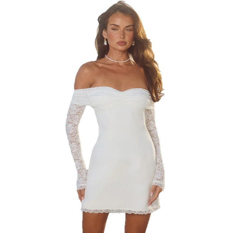 Damen Off-Shoulder Minikleid mit transparenten Spitzenärmeln und bezauberndem Schnitt Drune