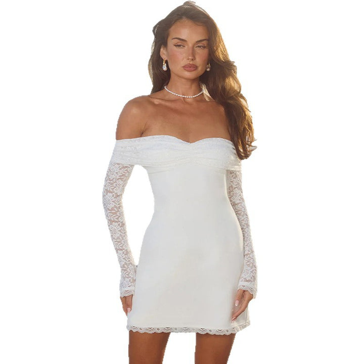 Damen Off-Shoulder Minikleid mit transparenten Spitzenärmeln und bezauberndem Schnitt Drune
