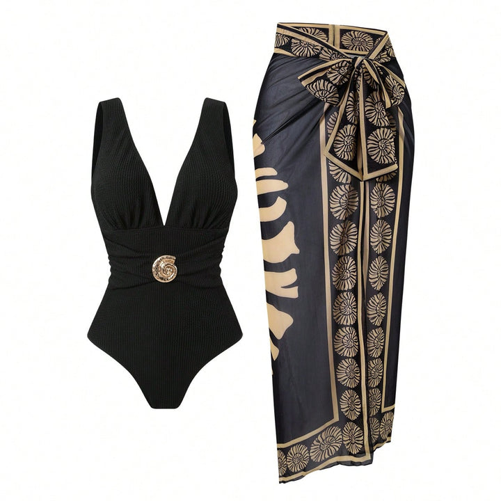Damen Badeanzug mit femininem Wickelrock und elegantem Schmuckdetail Drune