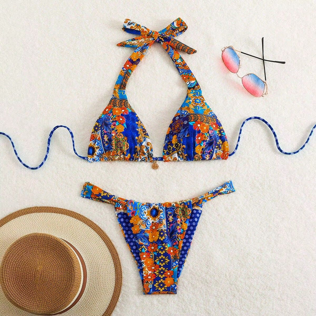 Damen Triangel-Bikini mit floralen Mustern und verspielten Bindebändern Drune