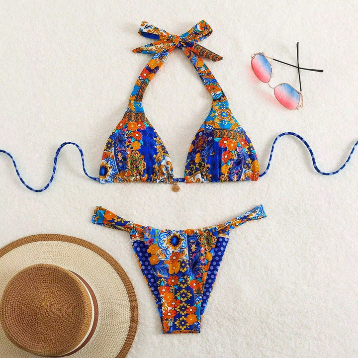 Damen Triangel-Bikini mit floralen Mustern und verspielten Bindebändern Drune