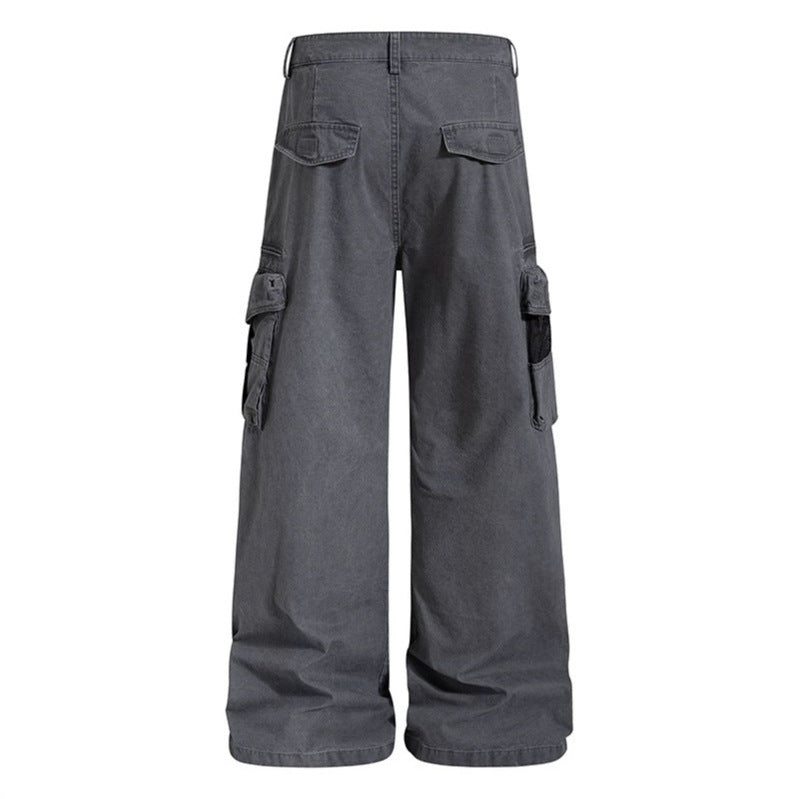Damen Weite High‑Waist Canvas-Cargohose mit Multi‑Taschen und Netz-Details Drune