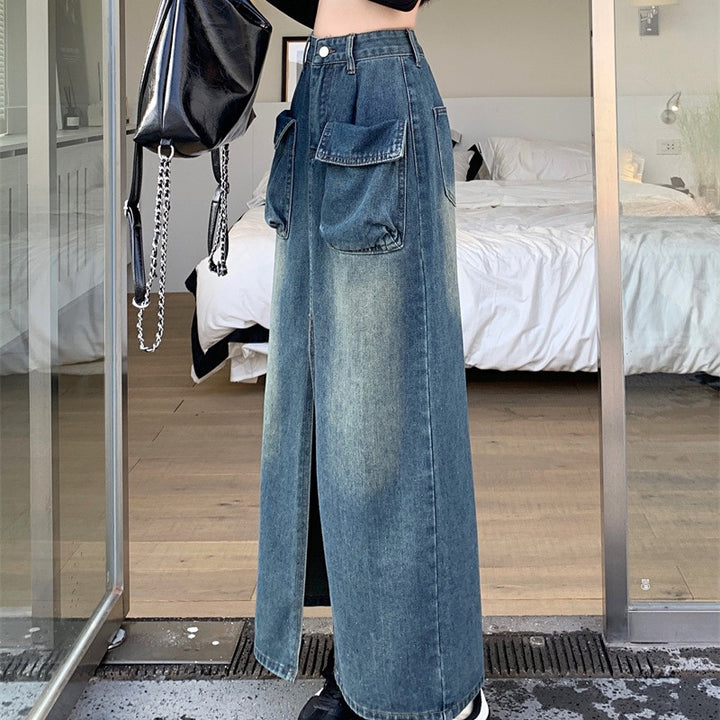 Damen Langer Denimrock mit praktischen aufgesetzten Taschen Drune