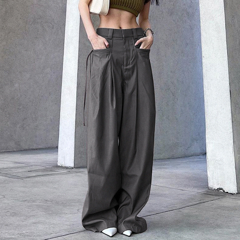 Damen nan hochtaillierte weite Bundfaltenhose mit Cargo‑Details, Gürtelschlaufen und geradem Beinschnitt Drune