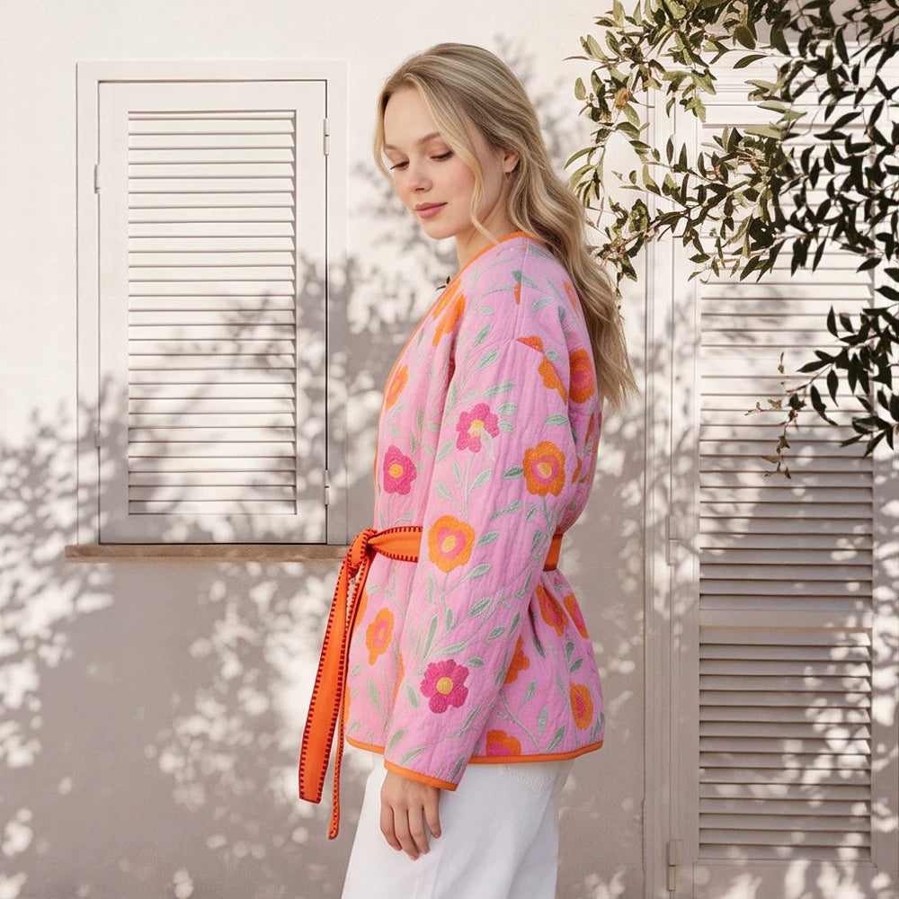 Damen Gestepptes Blumen-Kimono mit Bindegürtel Drune