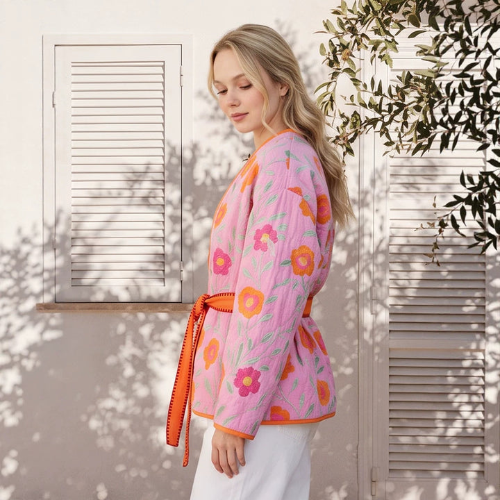Damen Gestepptes Blumen-Kimono mit Bindegürtel Drune