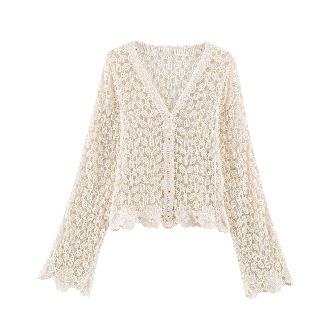 Damen Häkelcardigan mit Spitzeneffekt, V‑Ausschnitt und gewelltem Saum Drune