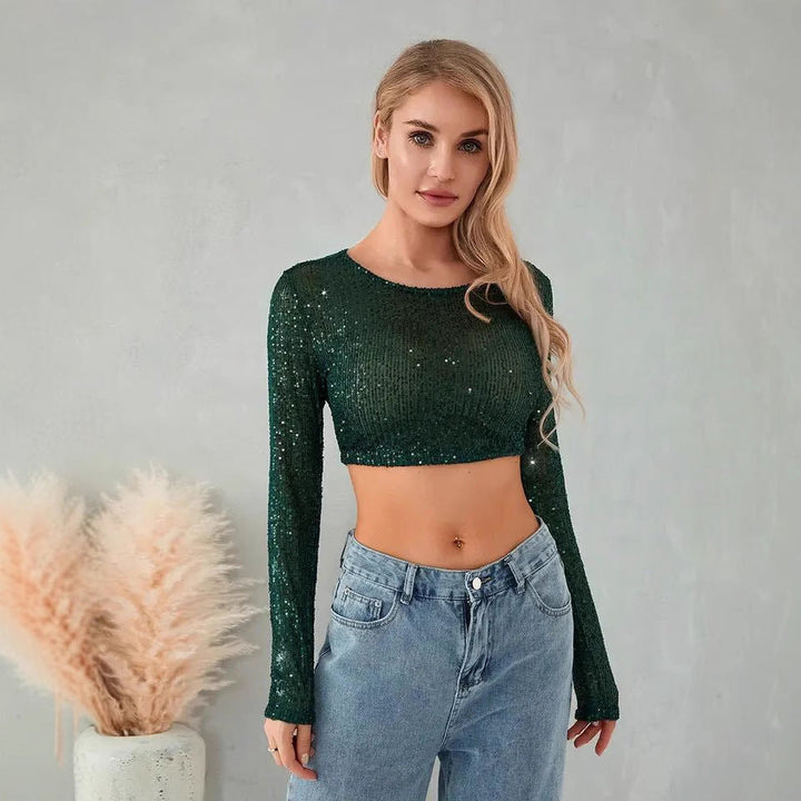 Damen Glitzerndes Langarm-Top mit funkelnden Pailletten Drune
