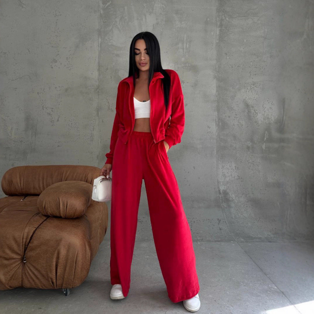 Damen Samt-Loungewear-Set mit kurzem Reißverschluss und geraffter Taillenpartie Drune