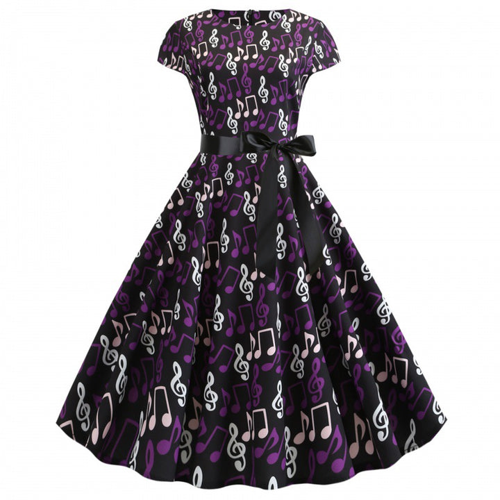 Damen Swing-Kleid mit musischem Muster und elegantem Taillengürtel Drune