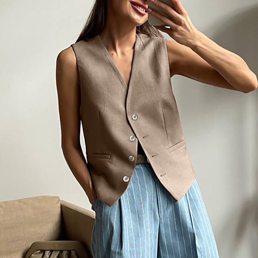 Damen elegantes, tailliertes Anzug-Set mit ärmellosem Blazer und weitem Hosen Drune