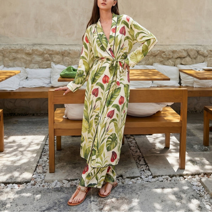 Damen Langer Kimono-Mantel mit Taillengürtel und weiter Palazzo-Hose im Tropenprint Drune