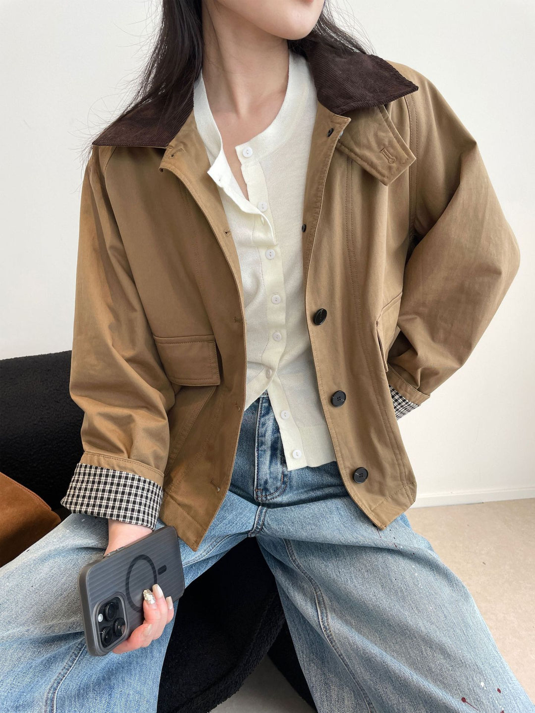 Damen Kurzjacke im Worker-Stil mit Cordkragen und aufgesetzten Pattentaschen Drune