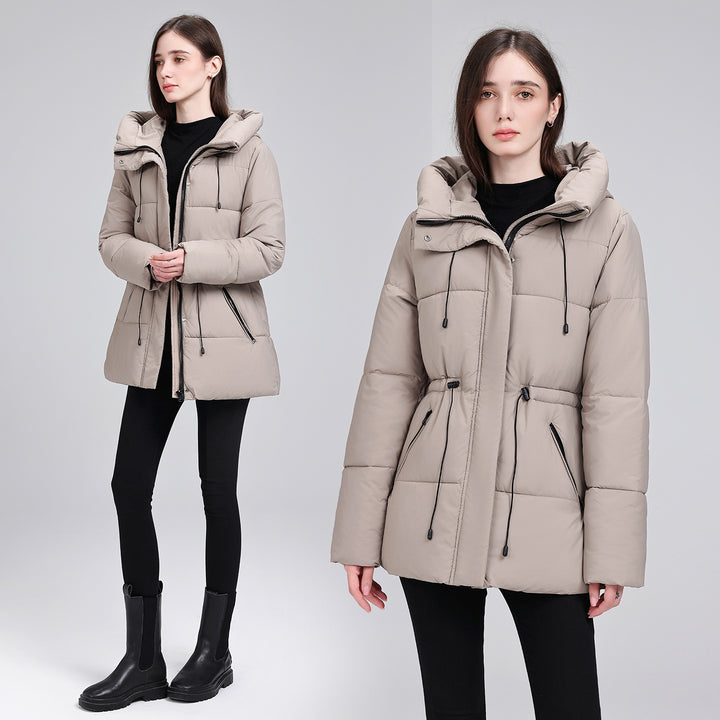 Damen Wattierter Mid‑Length Parka mit Kapuze, Taillenzug und Reißverschlusstaschen Drune