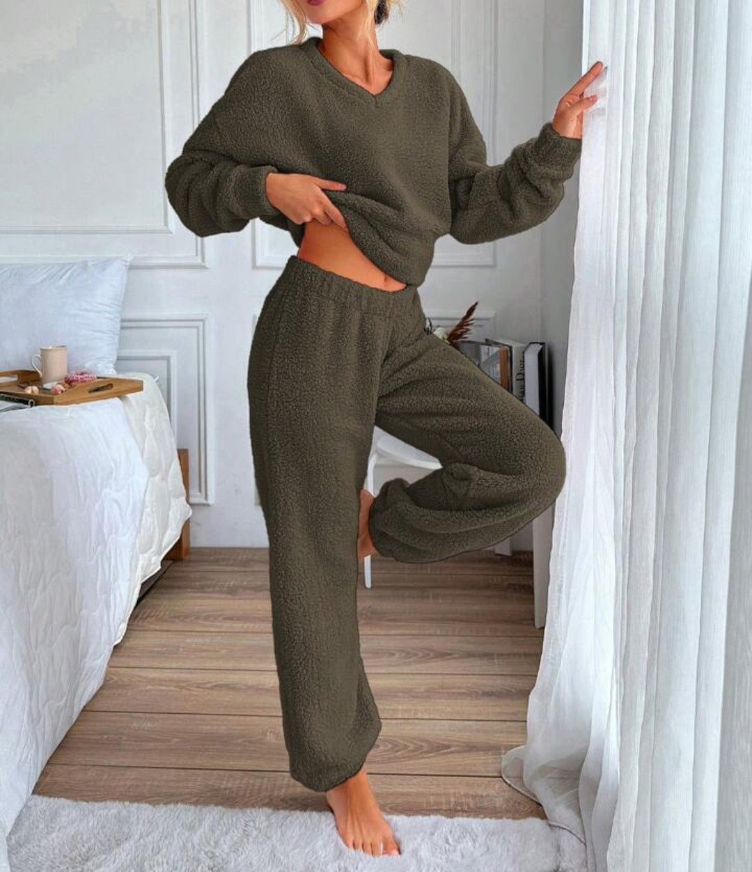 Damen Kuscheliges Freizeit-Loungewear-Set mit V-Ausschnitt Drune