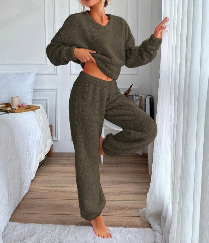 Damen Kuscheliges Freizeit-Loungewear-Set mit V-Ausschnitt Drune