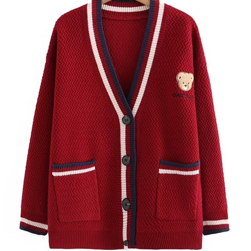 Damen Strickjacke mit Bärenmotiv und Kontraststreifen Drune