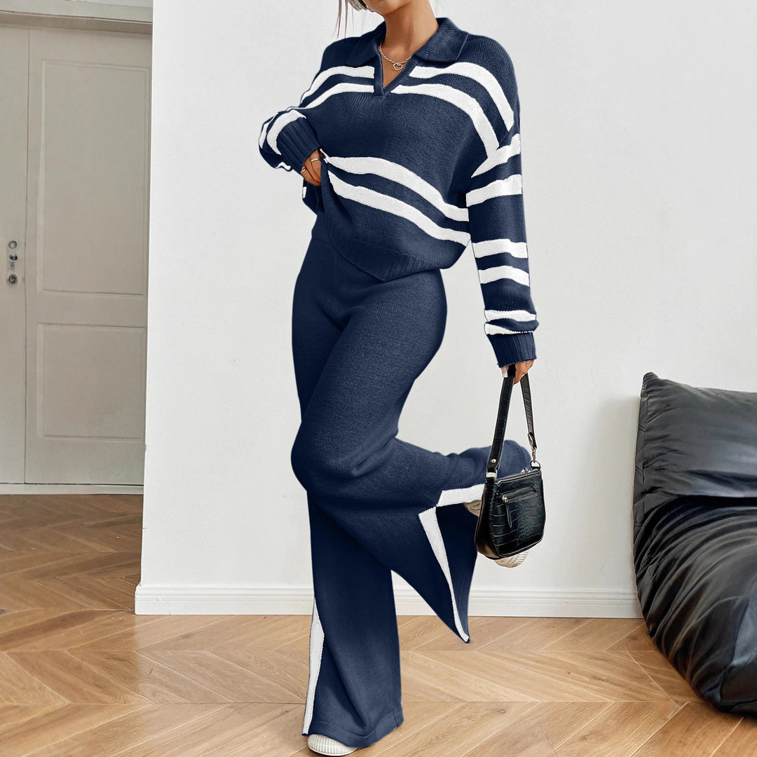 Damen Lässiges Strick-Outfit mit Polo-Kragen und gestreiftem Design Drune