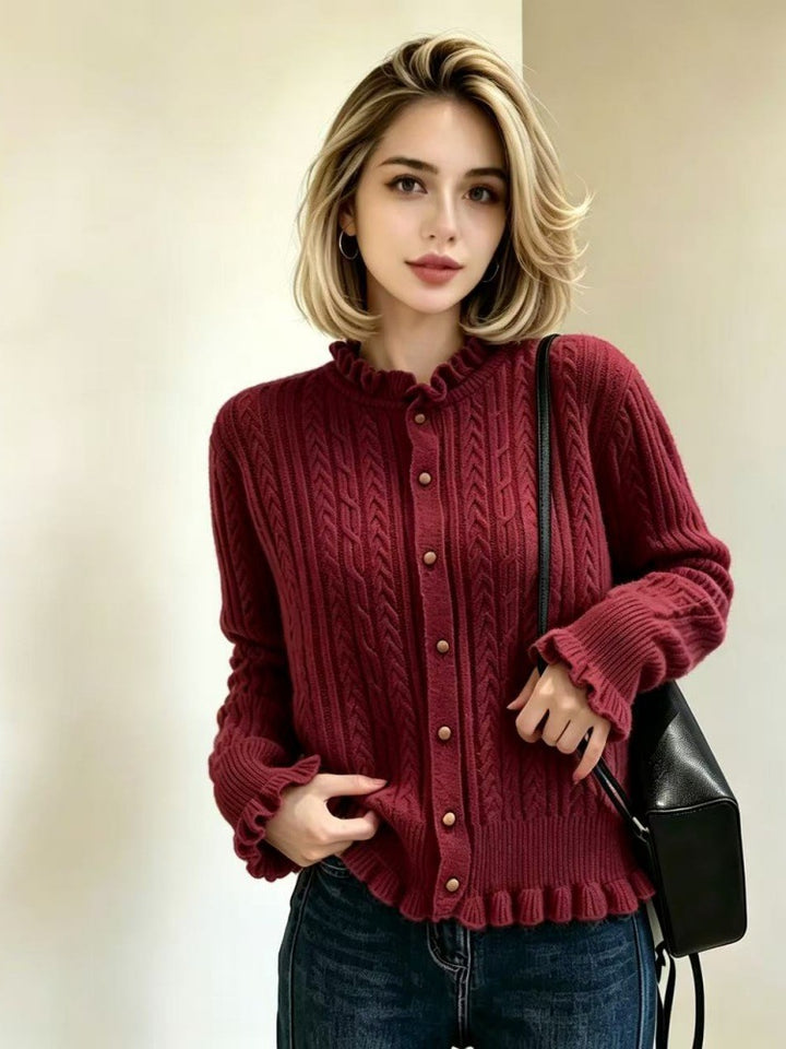 Damen Elegante Strickjacke mit Rüschendetails Drune