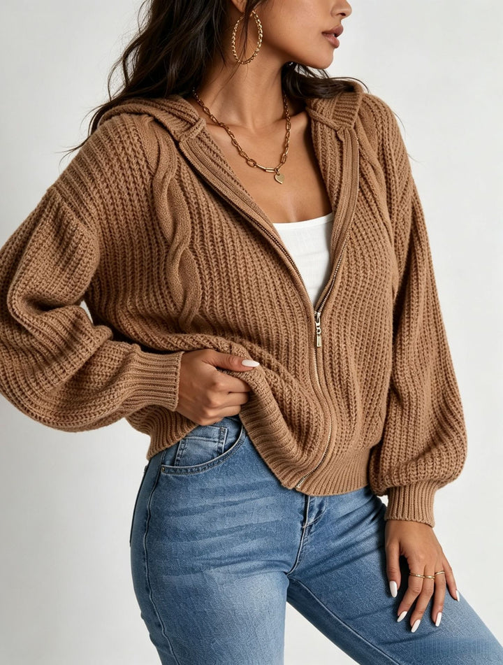 Damen Kapuzen-Cardigan im Grobstrick mit Zopfmuster und Reißverschluss Drune