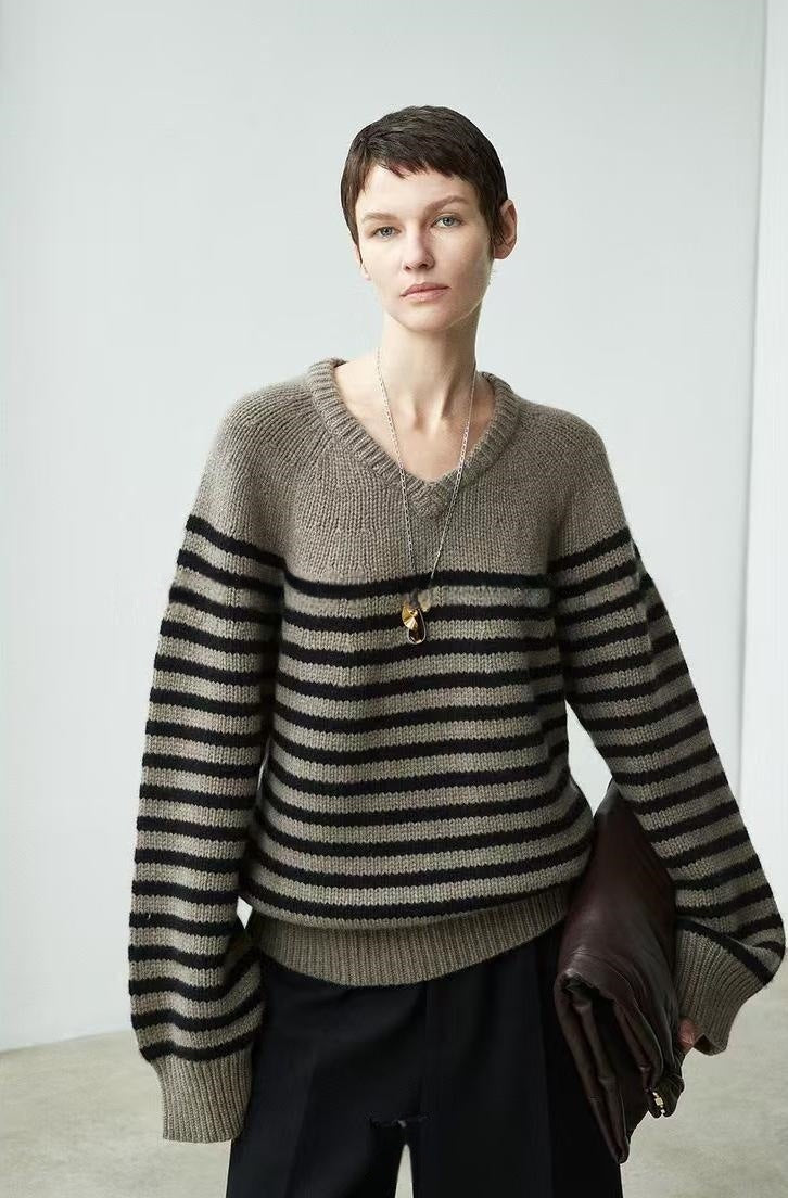 Damen lässiger V-Ausschnitt Pullover mit Streifen Drune