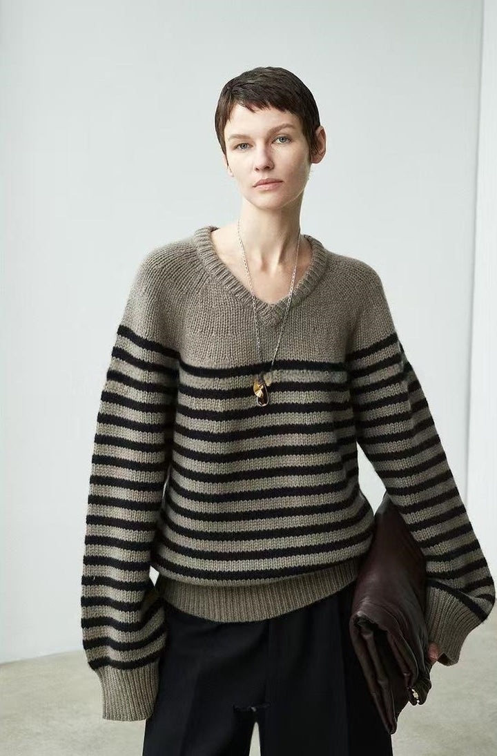 Damen lässiger V-Ausschnitt Pullover mit Streifen Drune