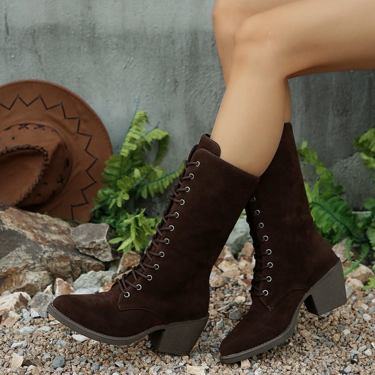 Damen Elegante Schnürstiefel aus Veloursoptik mit mittelhohem Schaft und komfortablem Blockabsatz Drune