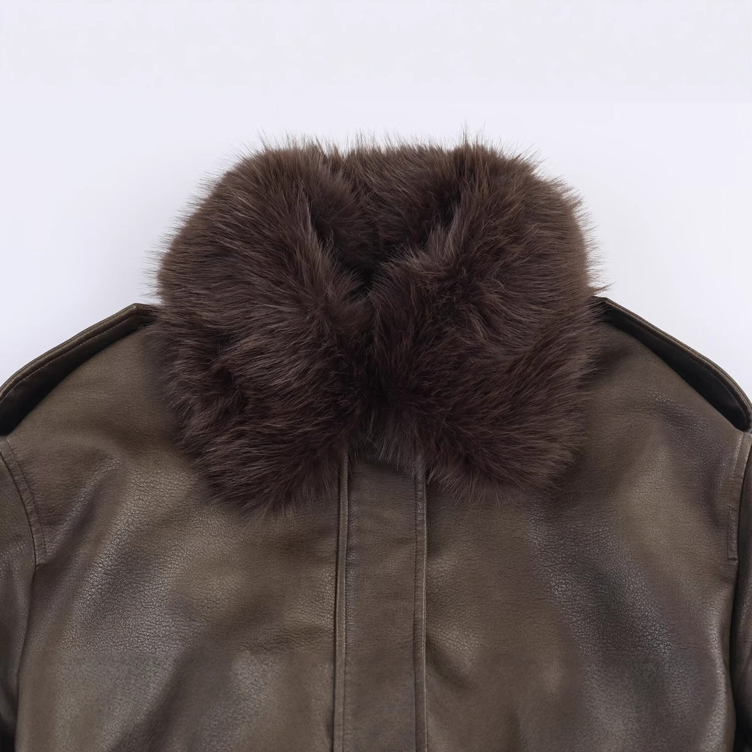 Damen elegante Lederjacke mit abnehmbarer Kunstfellkragen und praktischen Taschen Drune