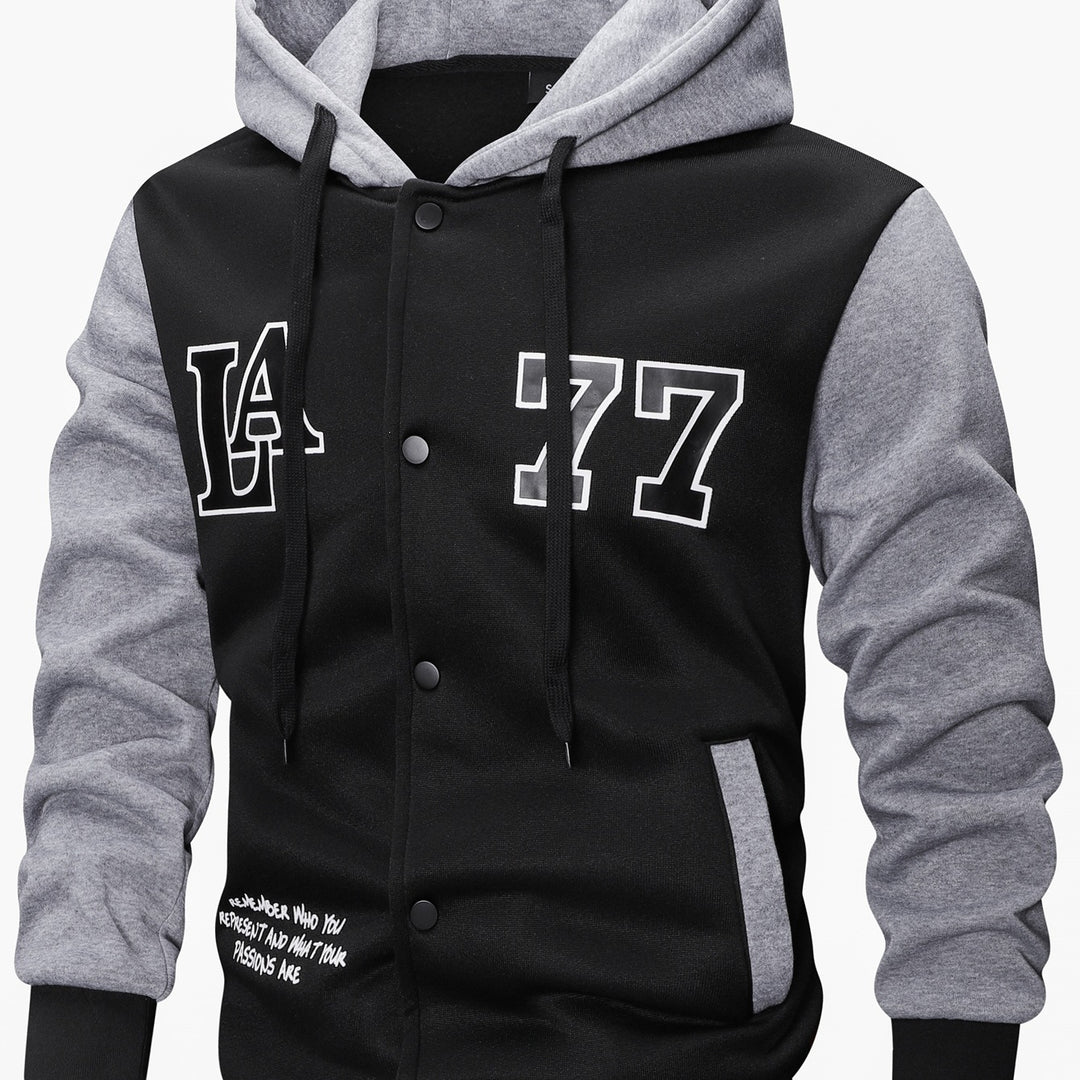 Herren Varsity-Kapuzenjacke im College‑Look mit Druck, Druckknopf‑Front und Kontrastärmeln Drune