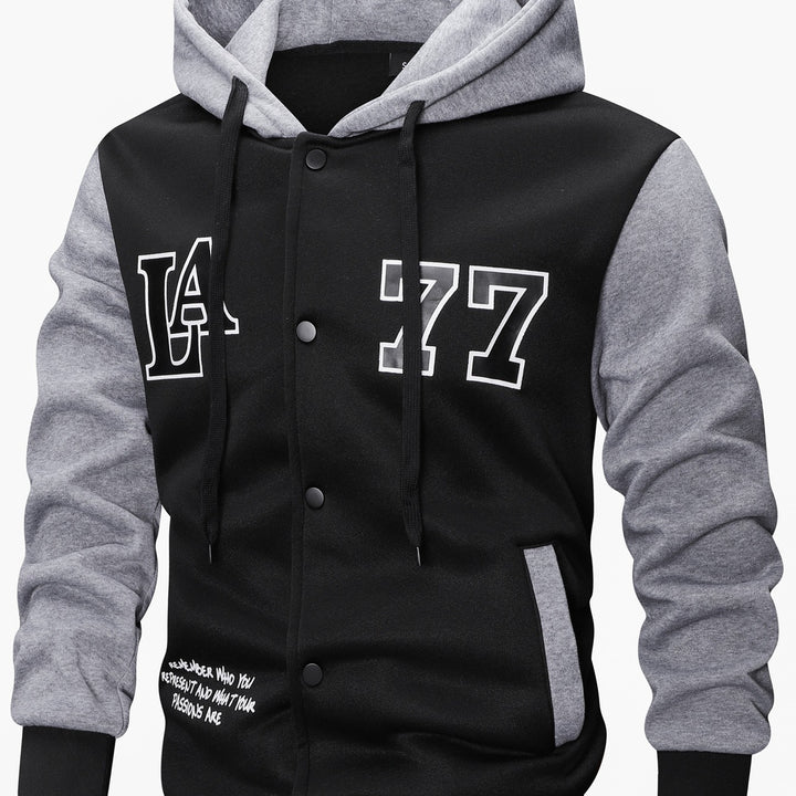 Herren Varsity-Kapuzenjacke im College‑Look mit Druck, Druckknopf‑Front und Kontrastärmeln Drune