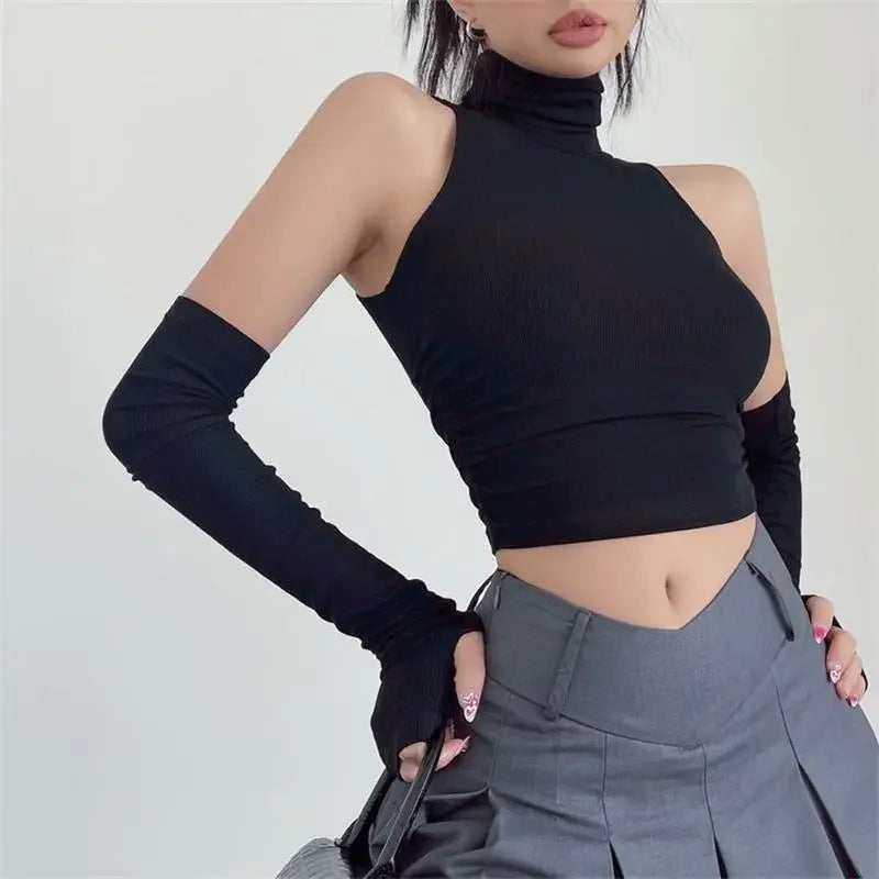 Damen Langarm Crop-Top mit Stehkragen und figurbetontem Schnitt Drune
