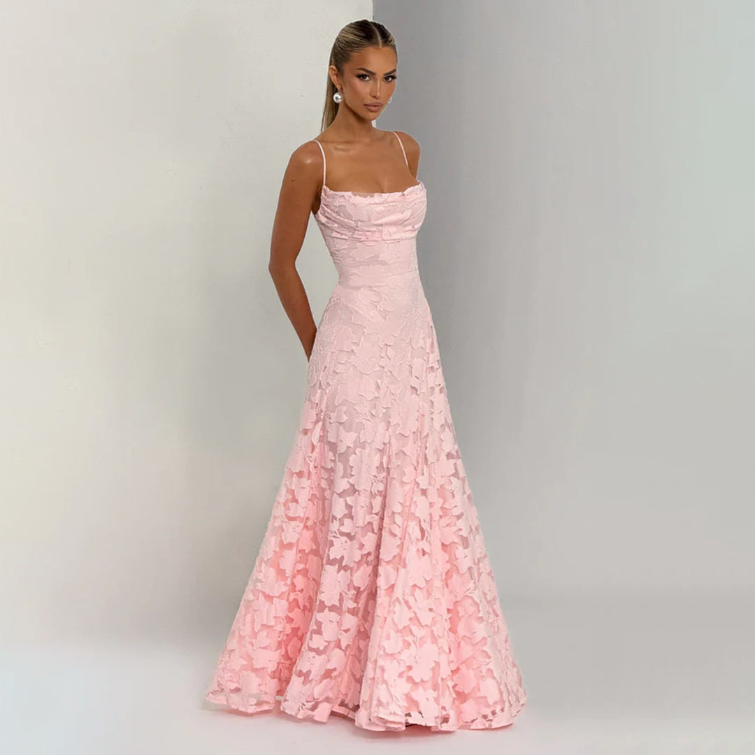 Damen elegantes Maxikleid mit zartem floralem Muster und Spaghetti-Trägern Drune